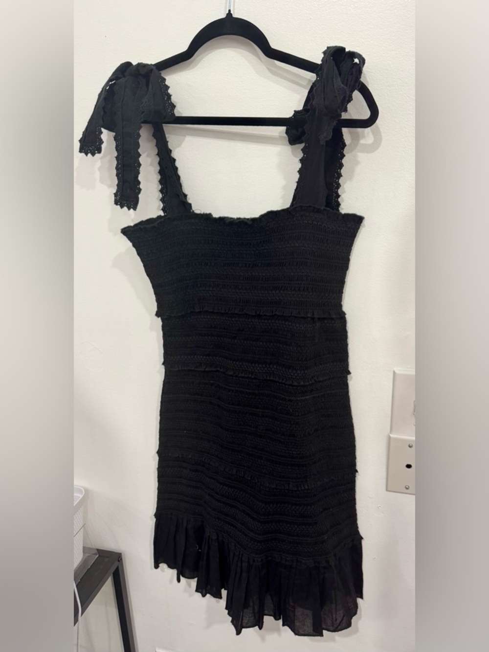 Chelsea & Theodore Black Smocked Midi Dress with Tie Straps